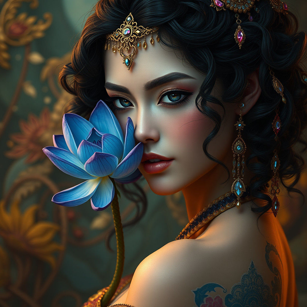 Exotic Maiden with Blue Lotus in Hair
