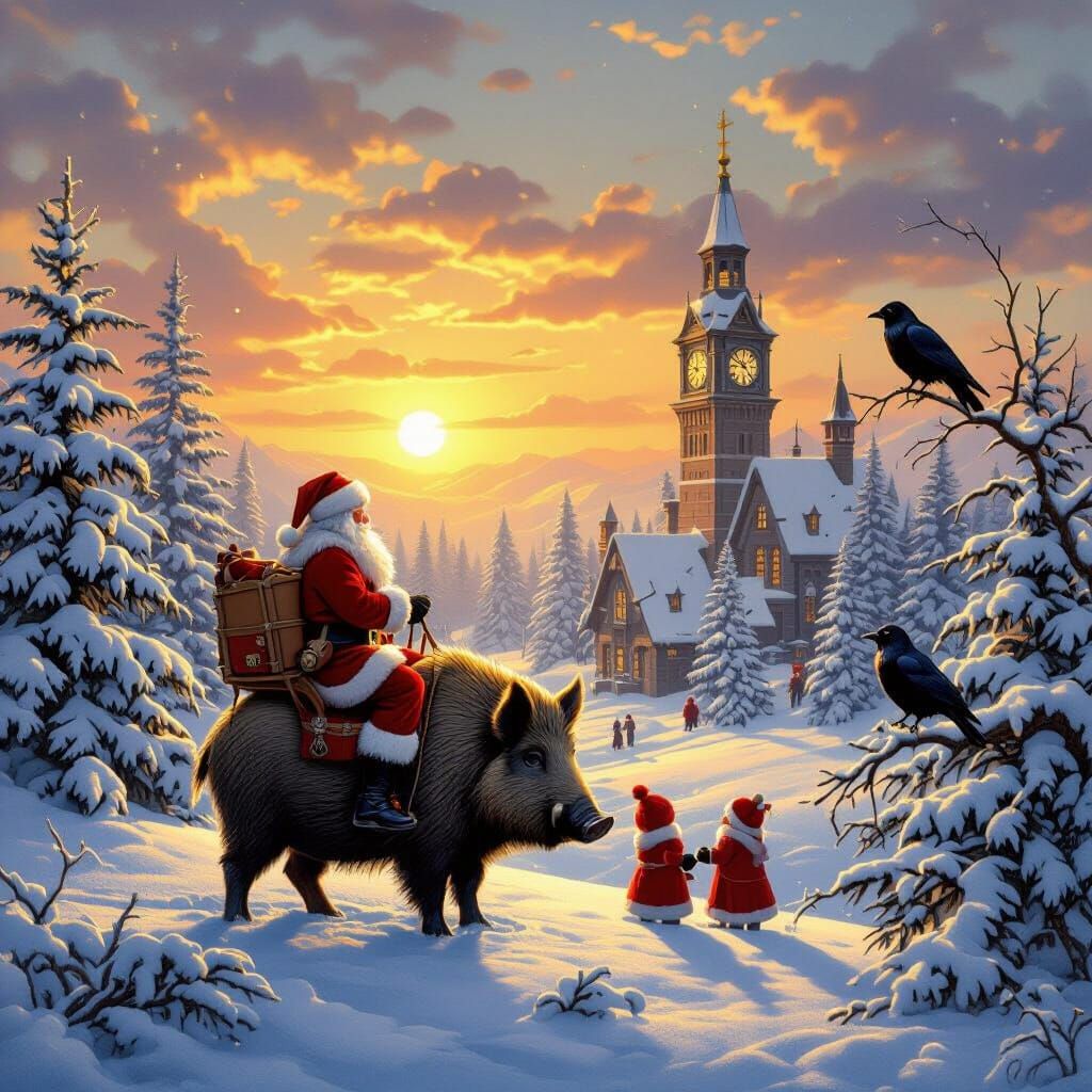 Yule Card: Santa on Boar, Snowy Landscape