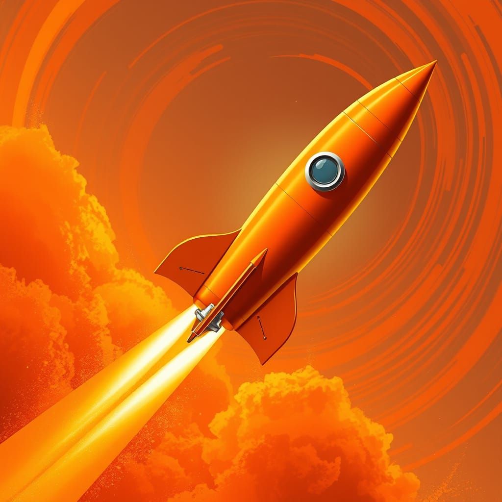 Orange Rocket Ship Blasts Off in Retro Sci-Fi Style