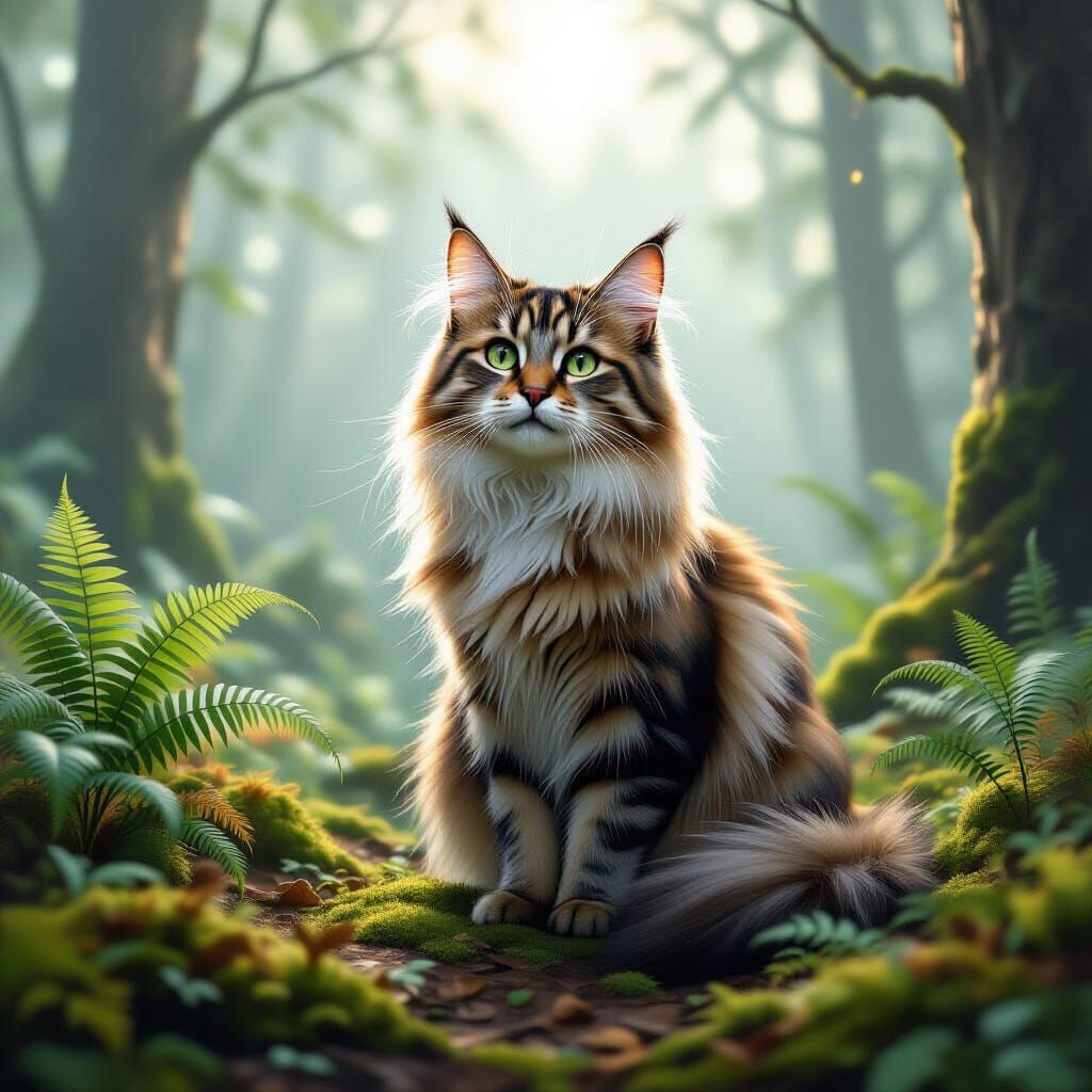 Norwegian Forest Cat in Misty Forest, Whimsical Art