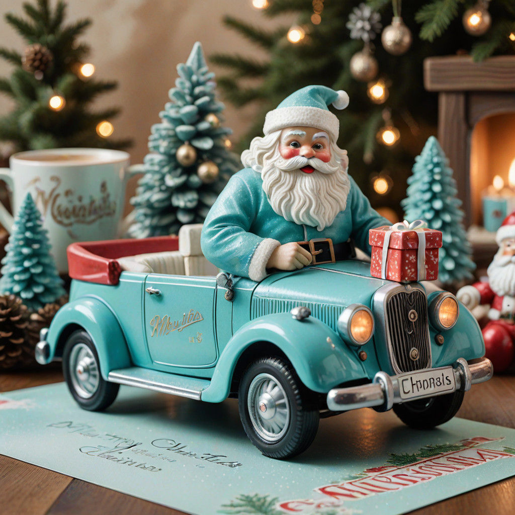 Vintage Santa Claus in a Pastel Turquoise Blue Cabriolet