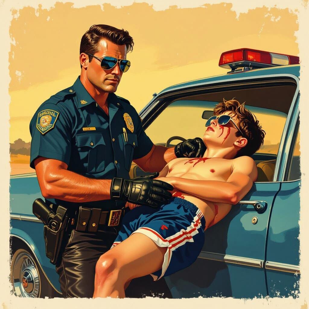 Highway Patrol Officer Rescues Teenager, Retro Style