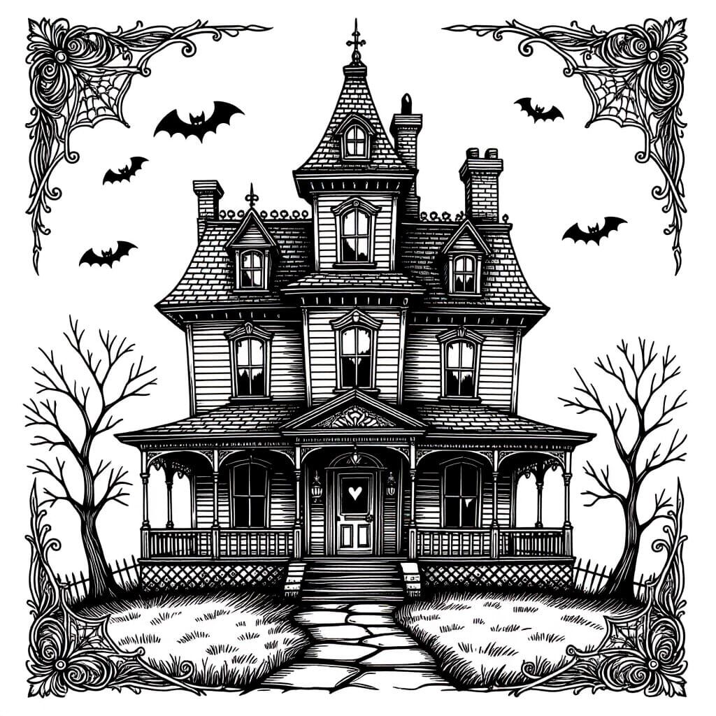 Detailed Haunted House Coloring Page in Gothic Style