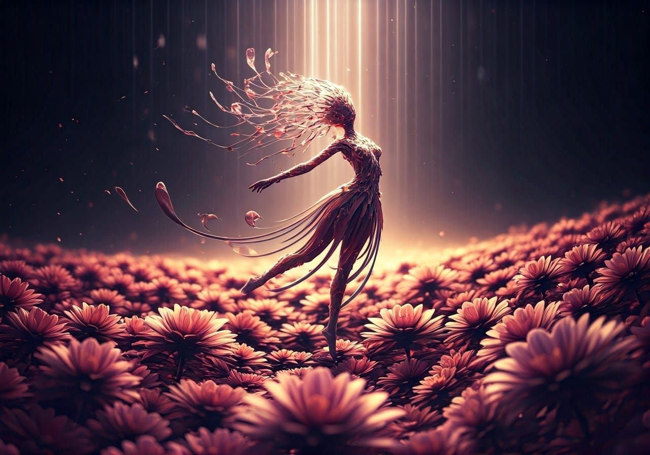Ethereal Flower Woman Dancing in Moonlit Garden