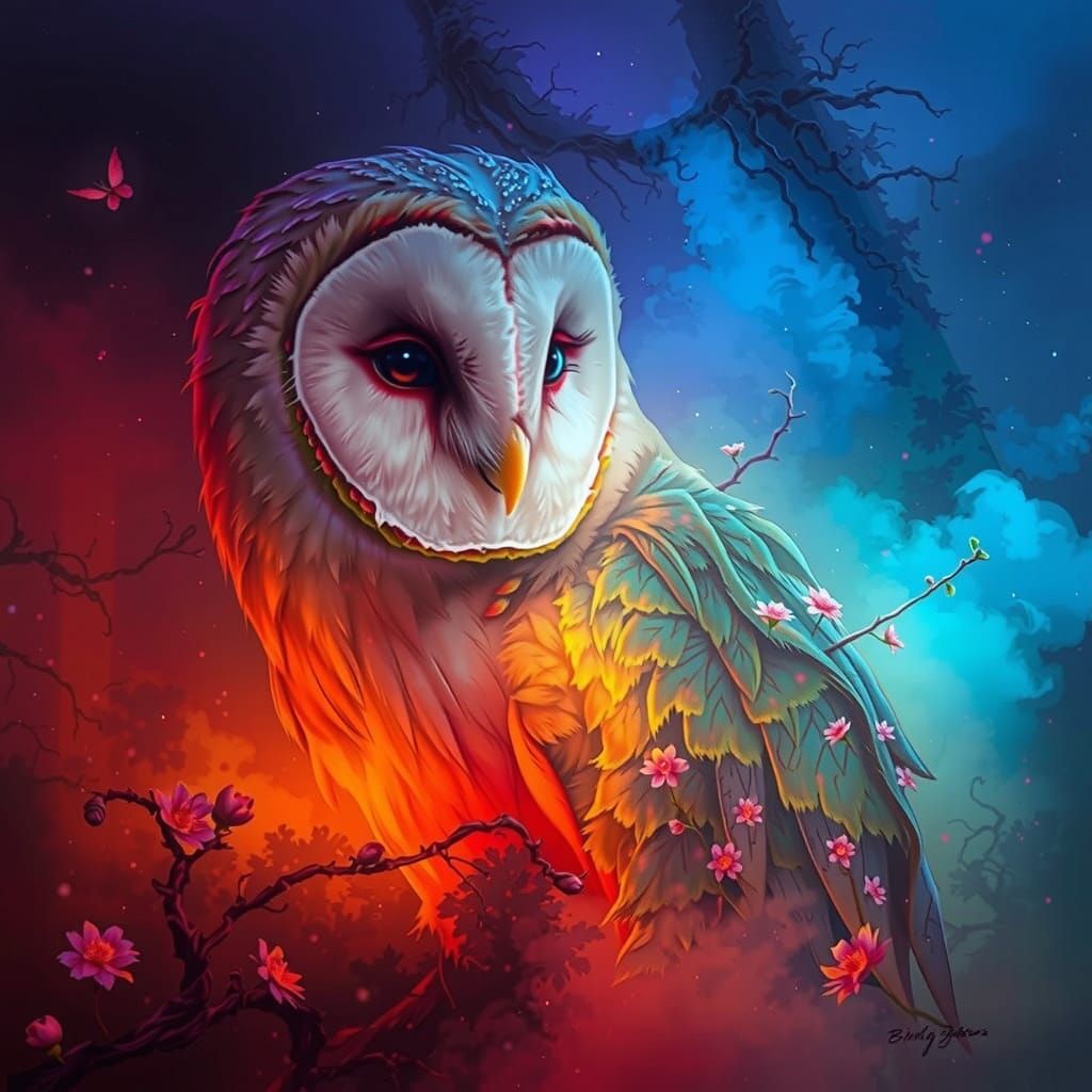 Barn Owl Portrait in Misty Surreal Forest