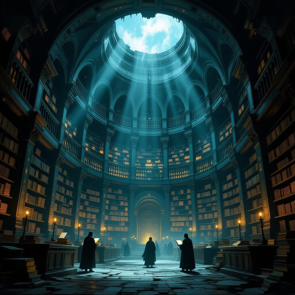 Ancient Mountain Library with Spectral Scholars and Glowing ...
