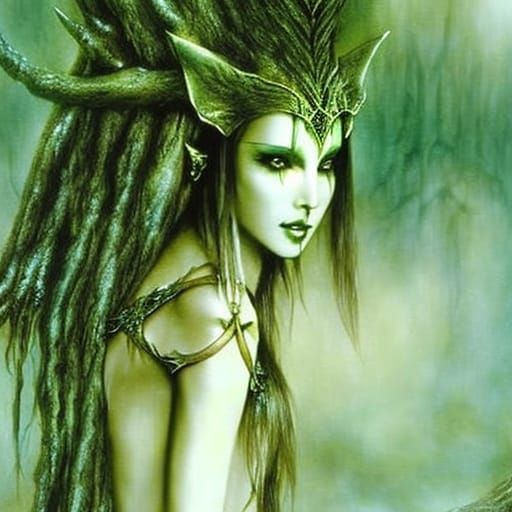 Green Elf Dryad in Forest, Illustration