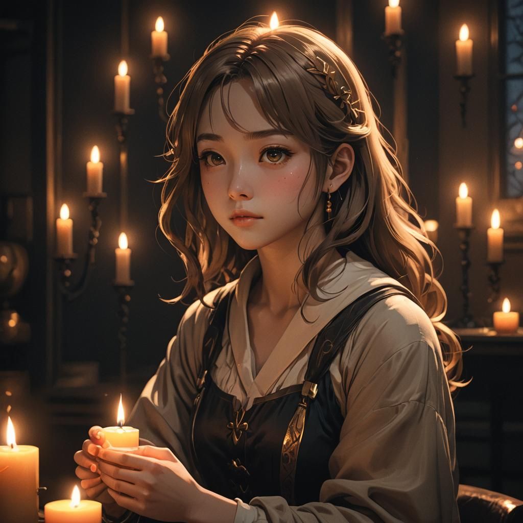Girl with Candle in Dark Room: 3D Anime Art
