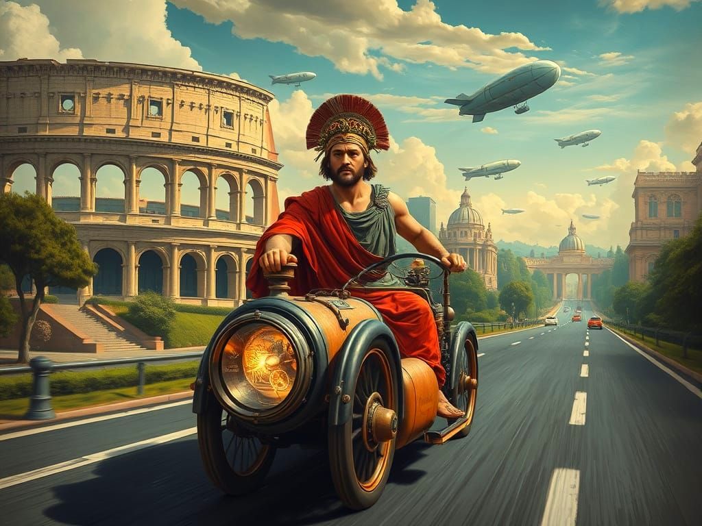 Roman Rides Steampunk Car in Surrealist Landscape