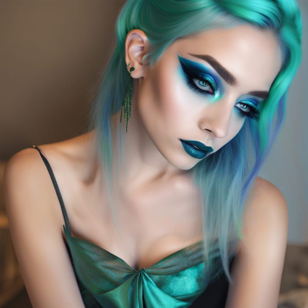 Ethereal young lady with iridescent blue hair with Green hig...