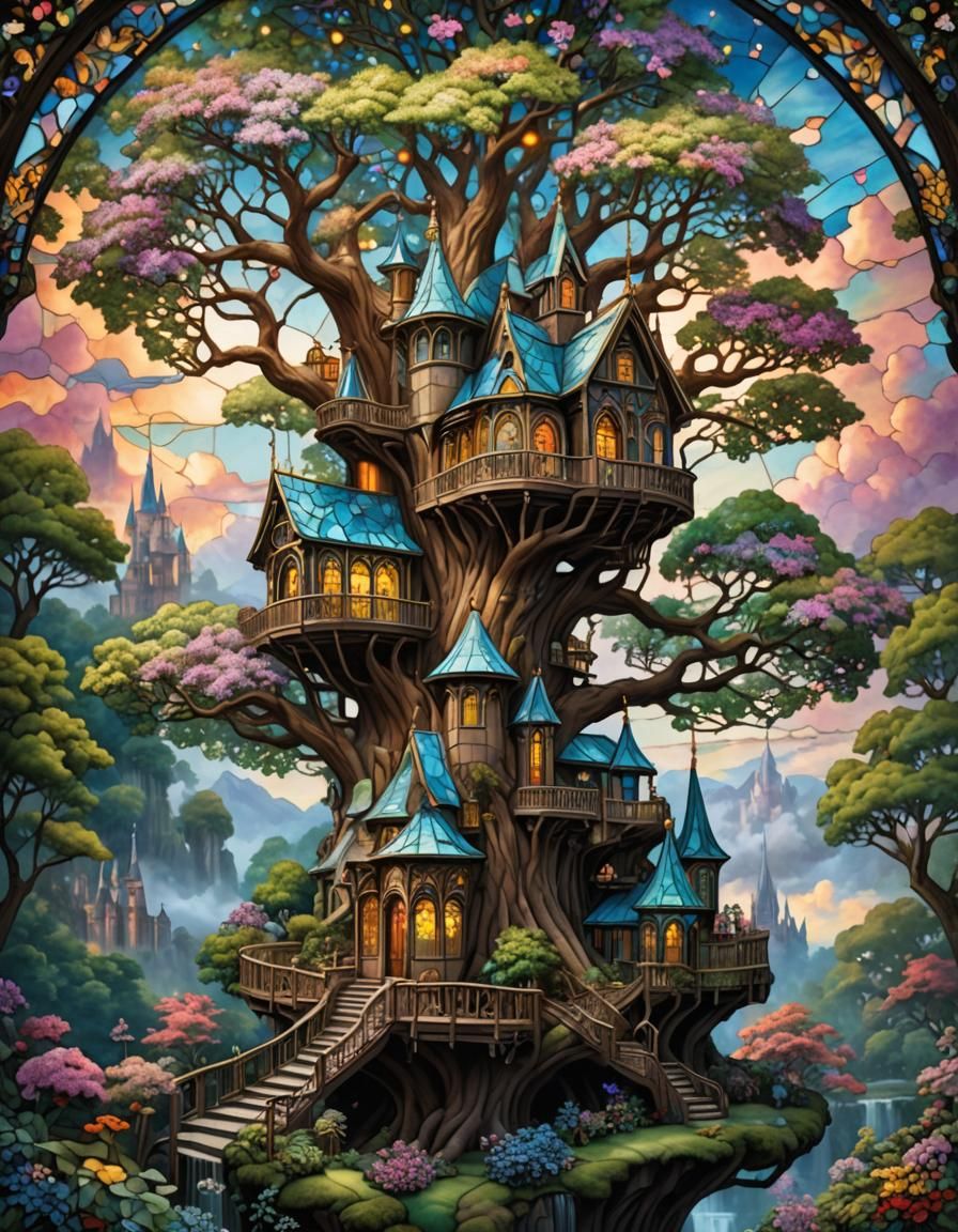 Stain Glass Victorian Treehouse Floating Island