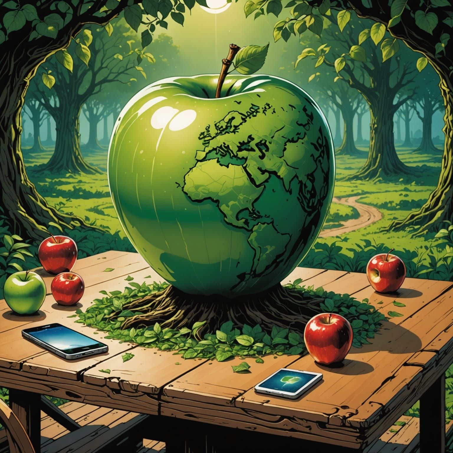 A Cartoon Apple Emerges from a Green Earth in Vibrant Comic ...