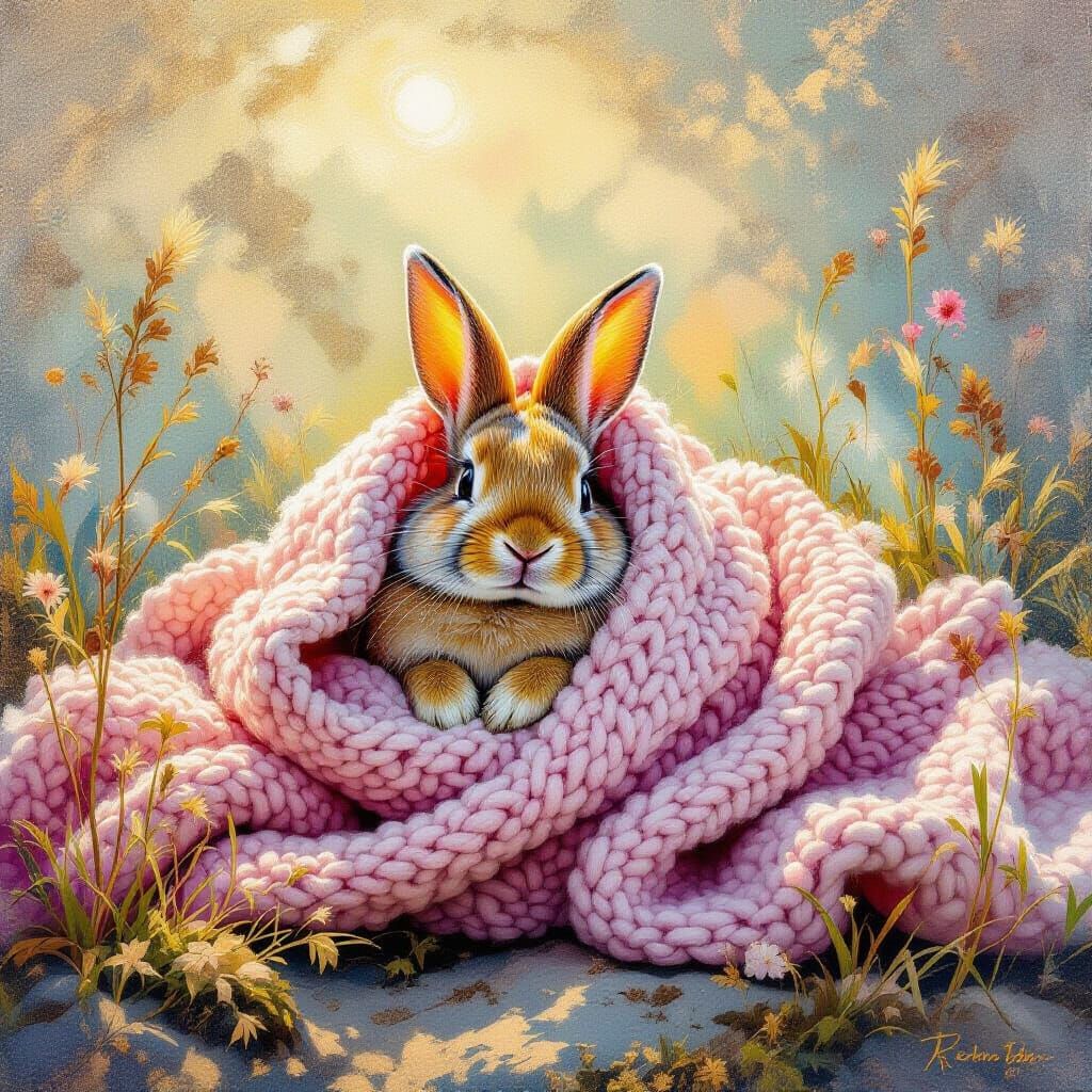Cozy Rabbit in Knitted Blanket