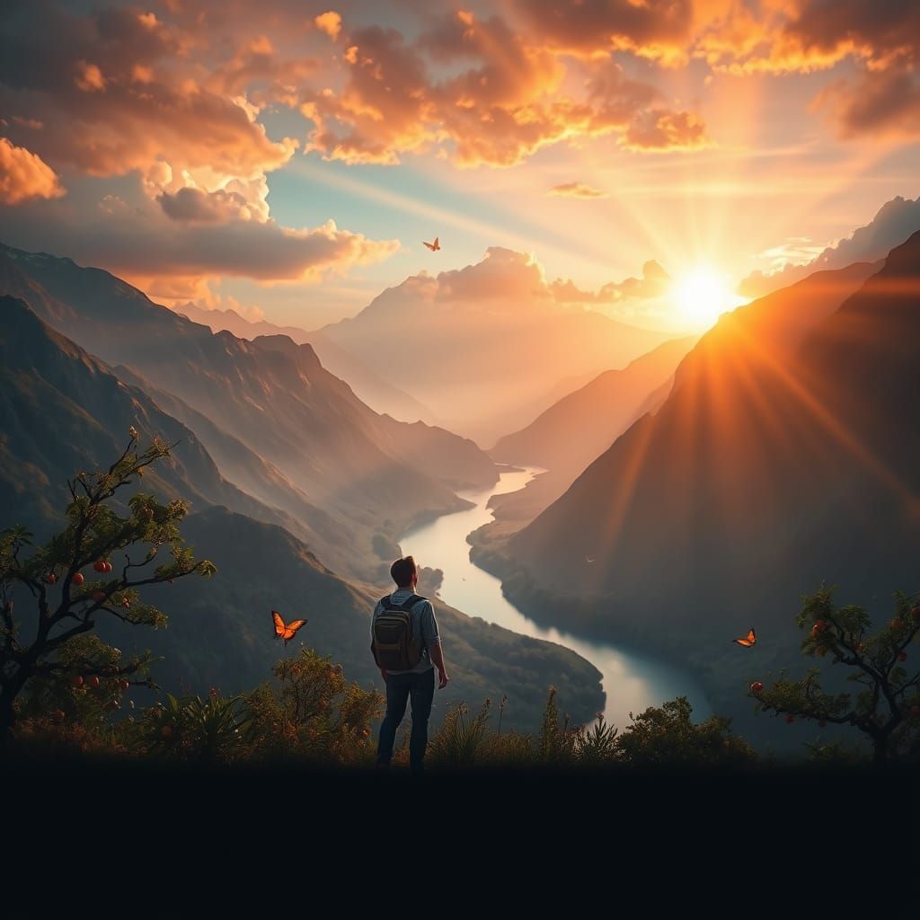 Ethereal Mountain Sunset Over Winding River Valley