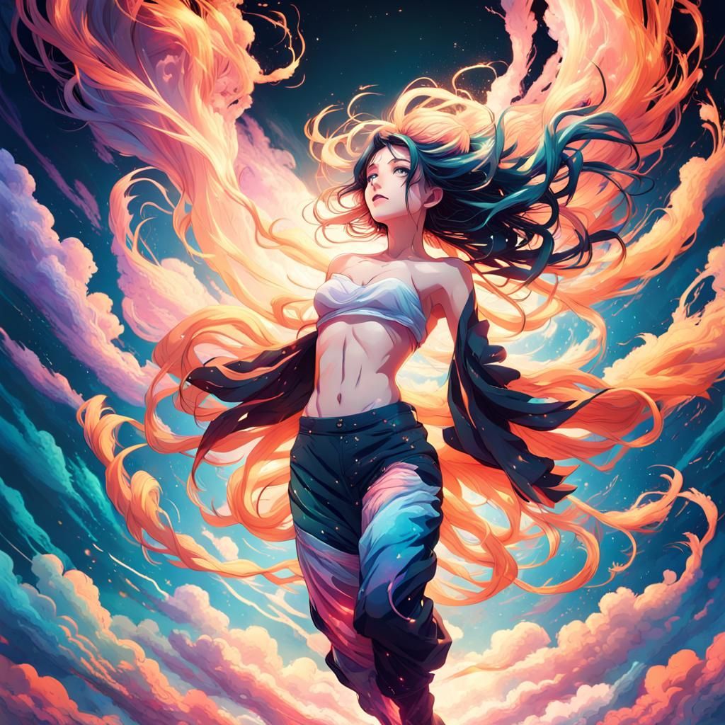 Vibrant Anime Goddess Ascends Amidst Swirling Clouds