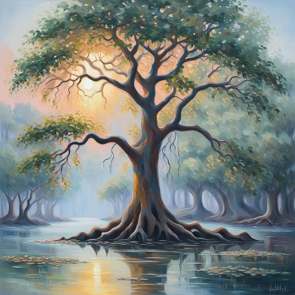 Mangrove Tree on Misty Riverbank as Oil Painting