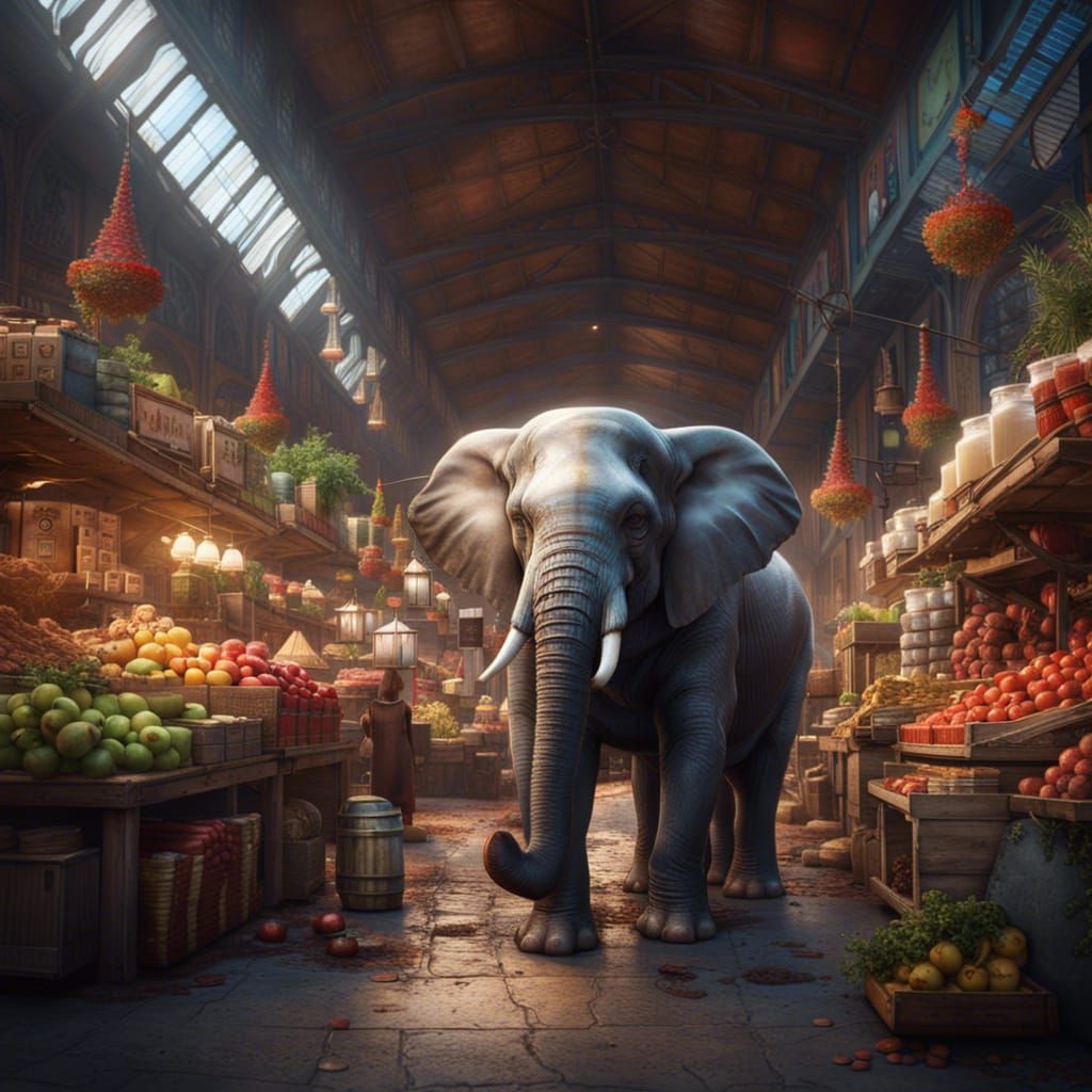 Cute Elephant in Supermarket: Detailed Matte Painting