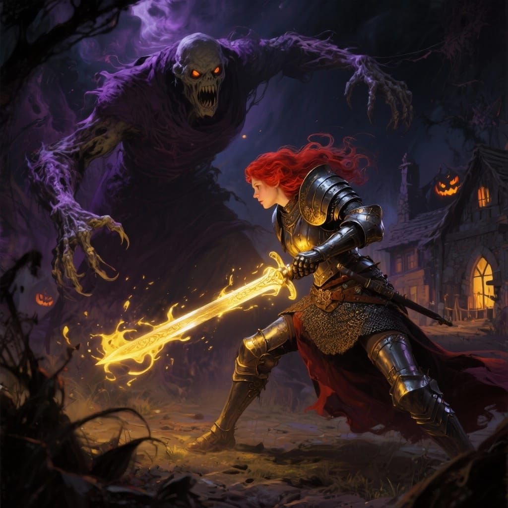 Redheaded Knight Fights Undead Giant on Halloween Night
