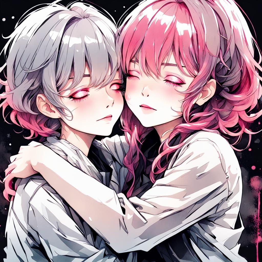 Anime Girls Hugging in Ink and Watercolor Style