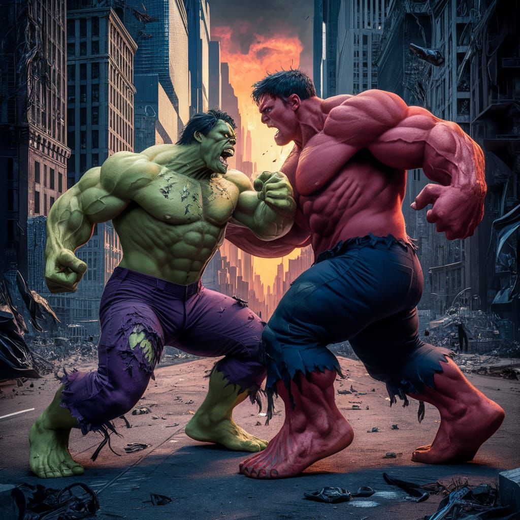 A muscular, raging Hulk, wearing tattered purple pants, clas...
