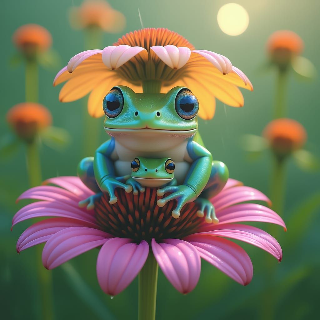 Brilliantly Colored Tiny Frog Under Flower Umbrella