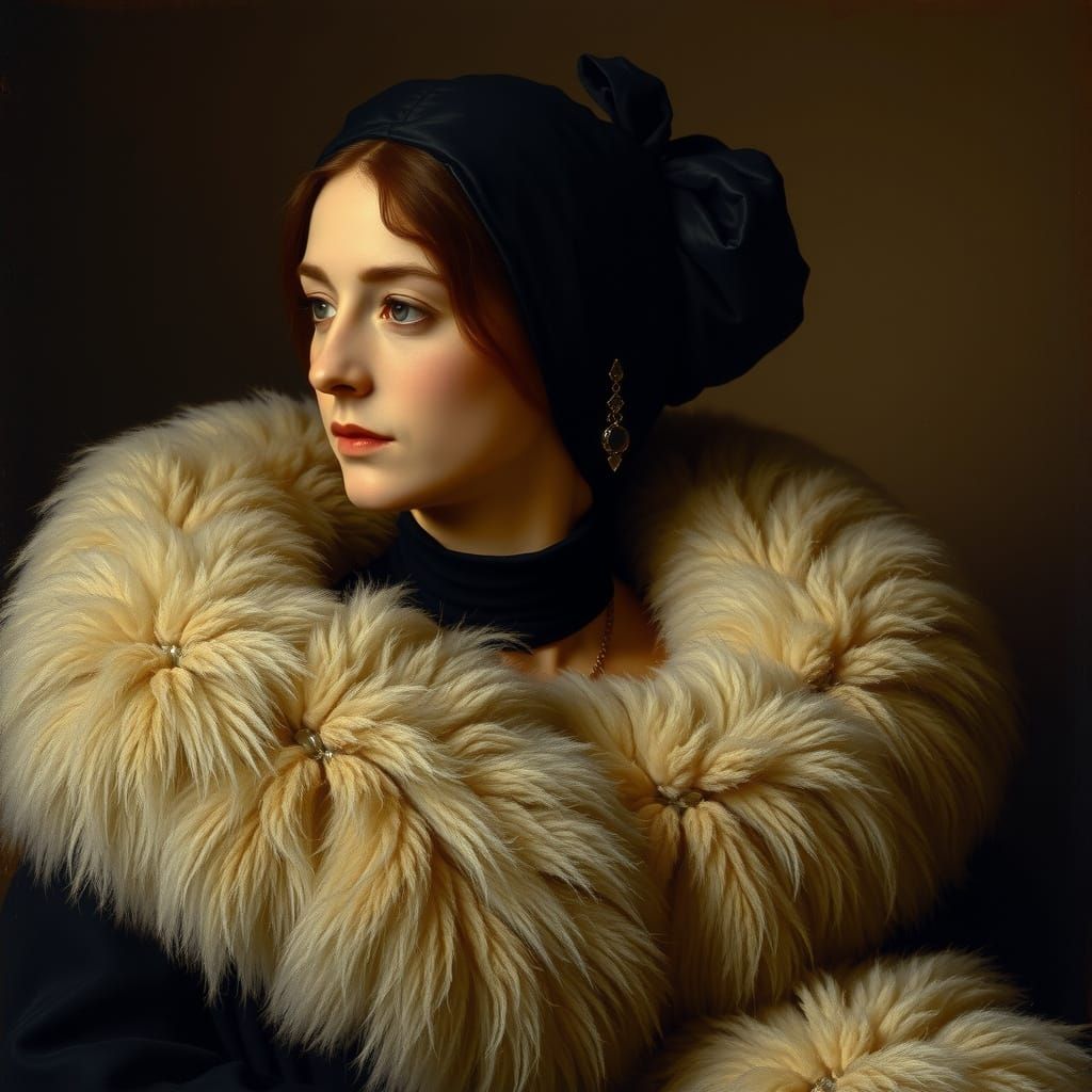 Luxurious Widow in Opulent Furs, Painted in a Classical Styl...