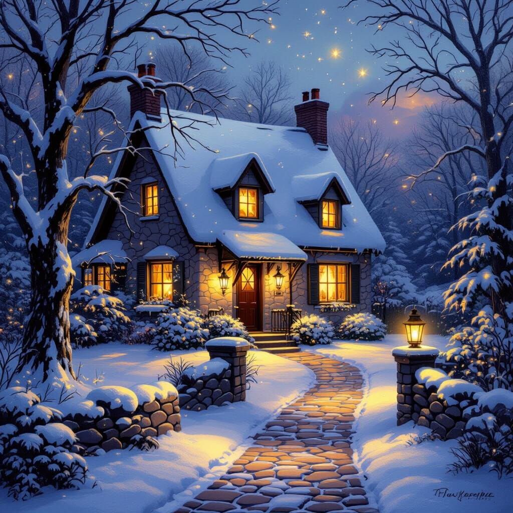 Idyllic Snow Cottage at Dusk in Romantic Realism Style