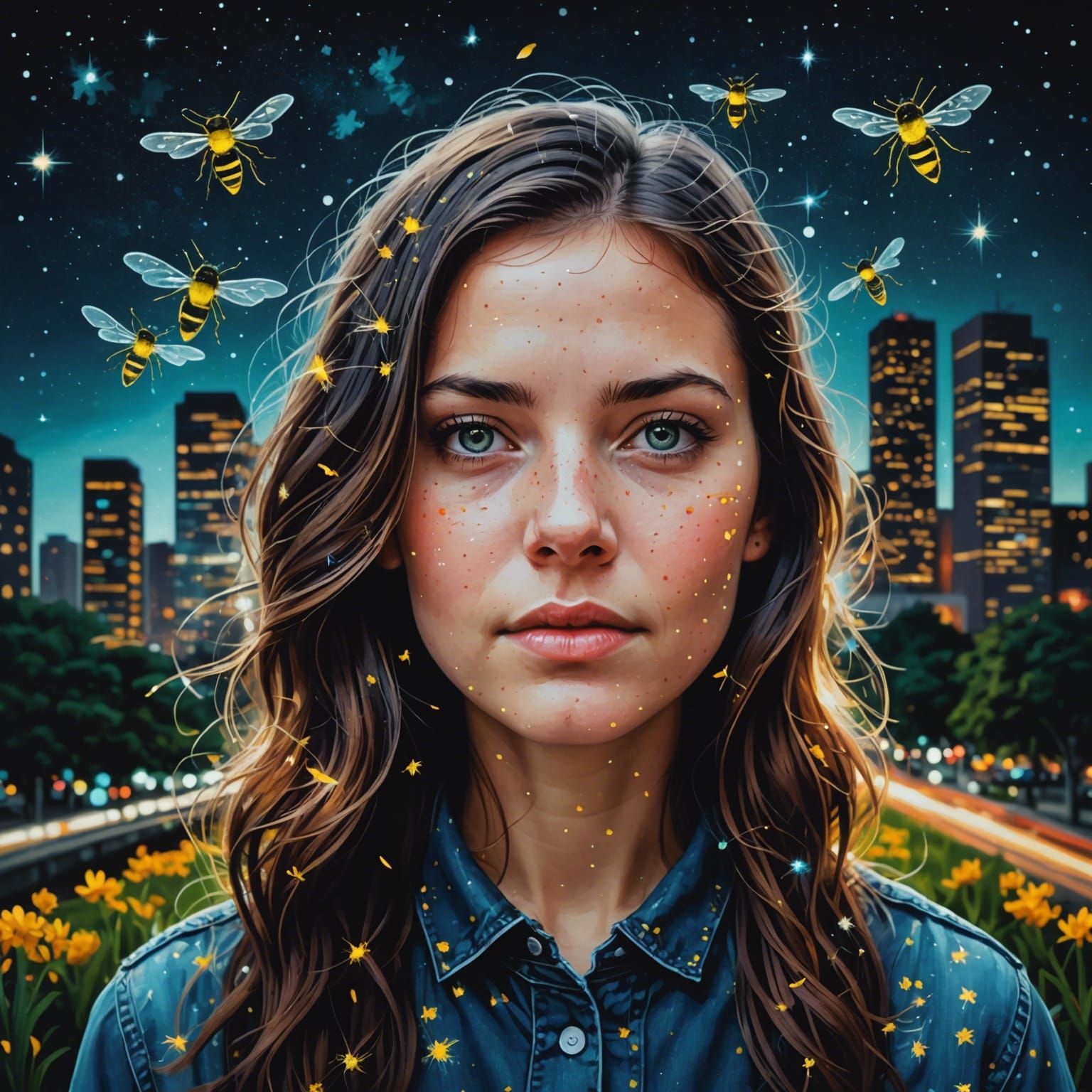 Surreal Fireflies Escape Imagination in Cityscape, Painterly...