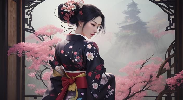 Detailed Geisha in Kimono, Fantasy Art