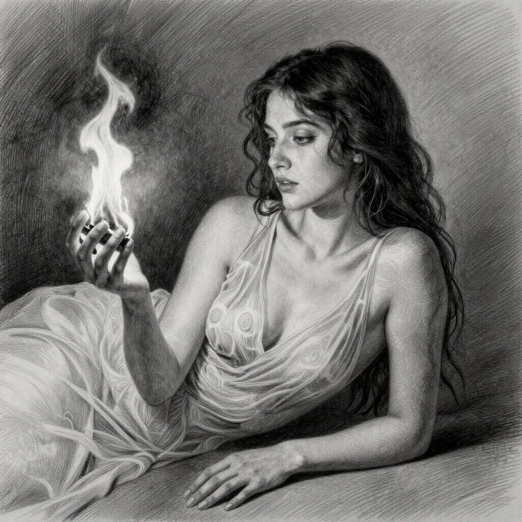 Woman with Fiery Hand in Detailed Pencil Drawing Style