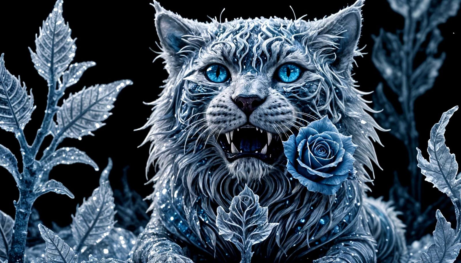 Mystical Ice Cat with Blue Rose, Winter Fantasy