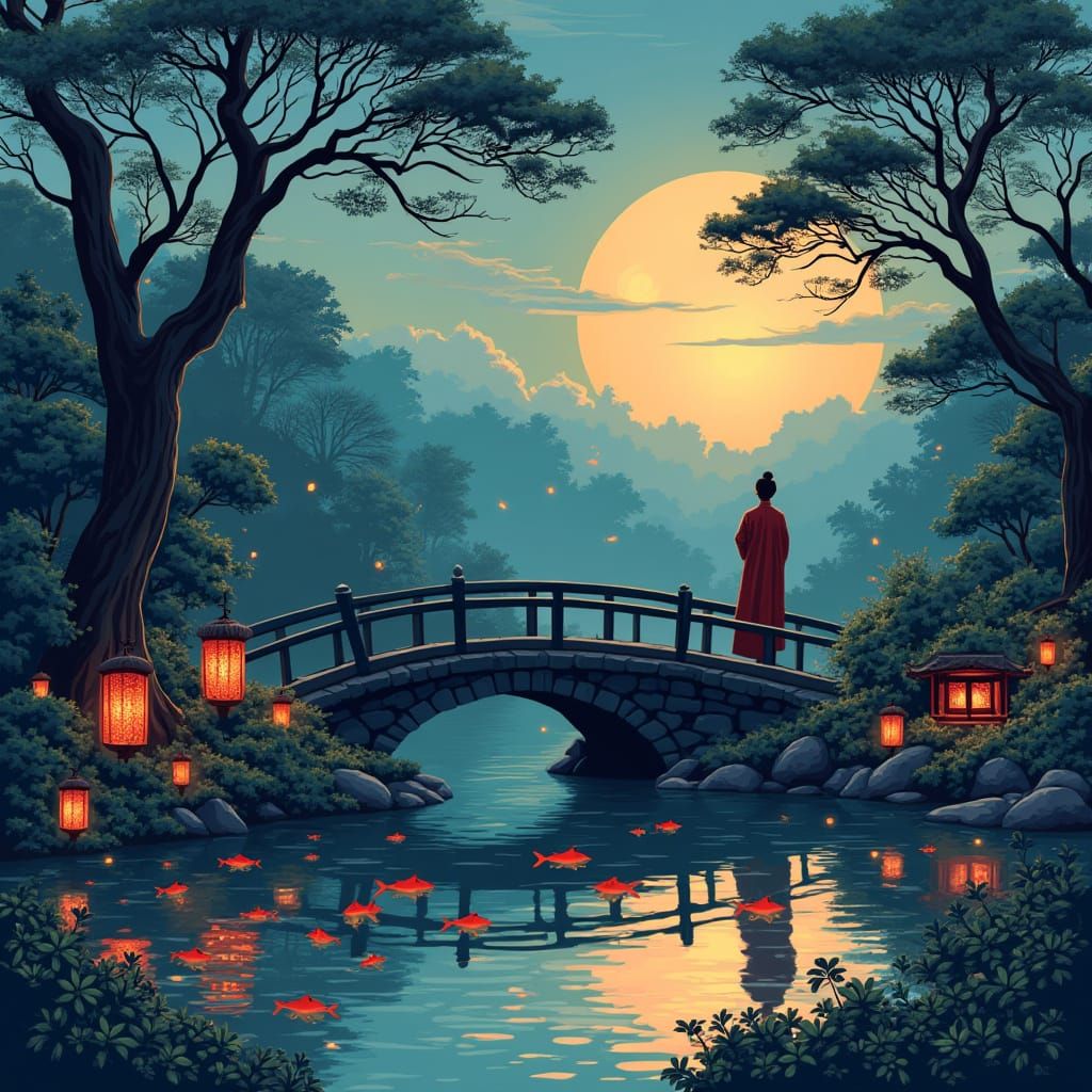 Serene Chinese Garden at Twilight in Paper-Cut Style