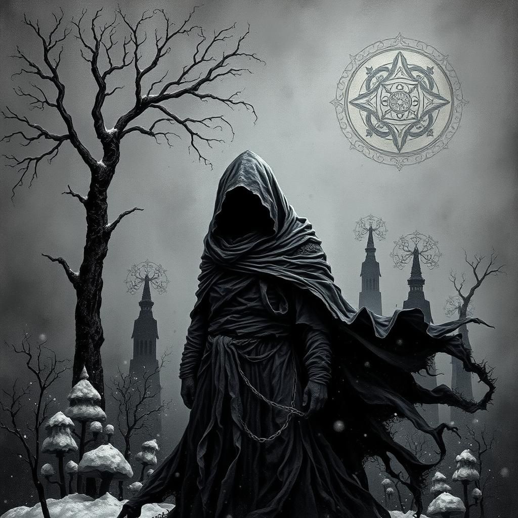 Ominous Figure in Winter Wonderland: Impasto Painting