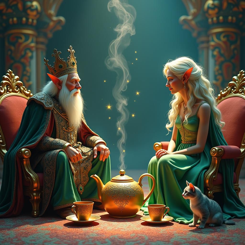 Elven Royalty Sipping Tea in Mystical Palace