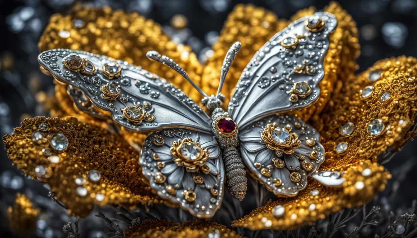 Jeweled Silver Butterfly on Golden Flower