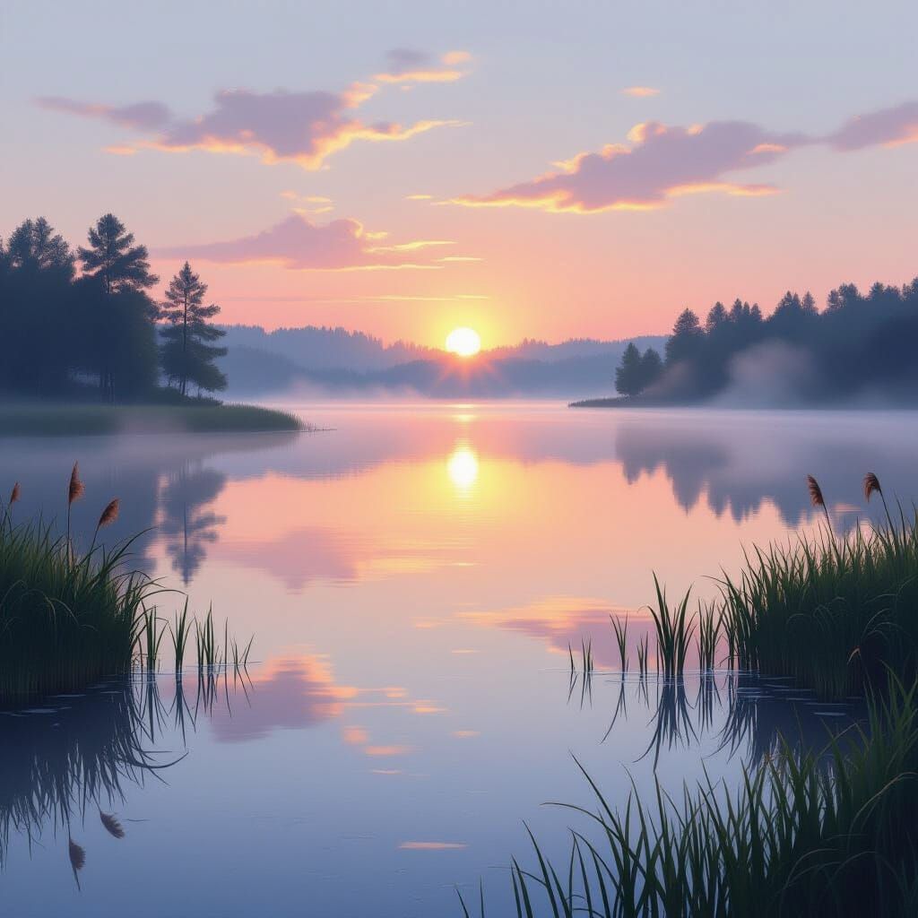 Tranquil Lake Reflection at Dawn in Painterly Style