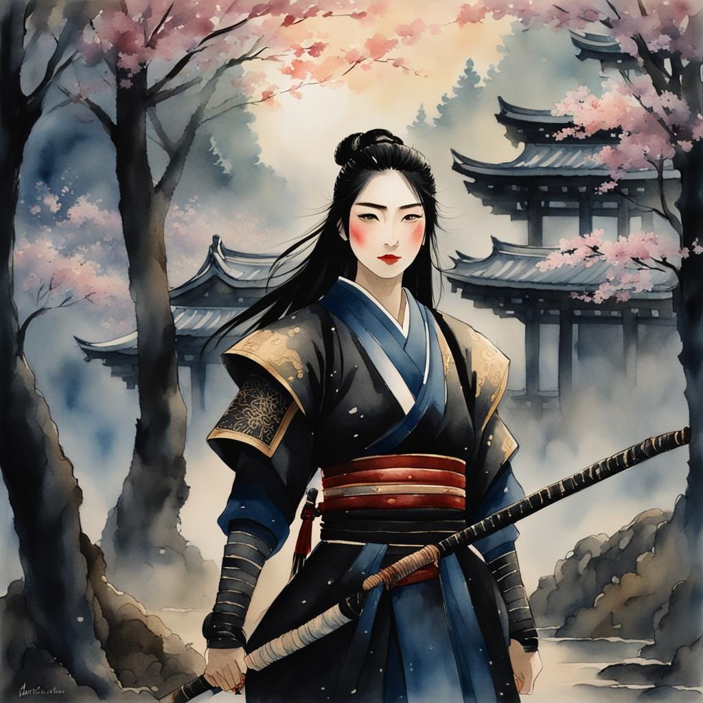Warrior Girl in Japanese Watercolor Landscape