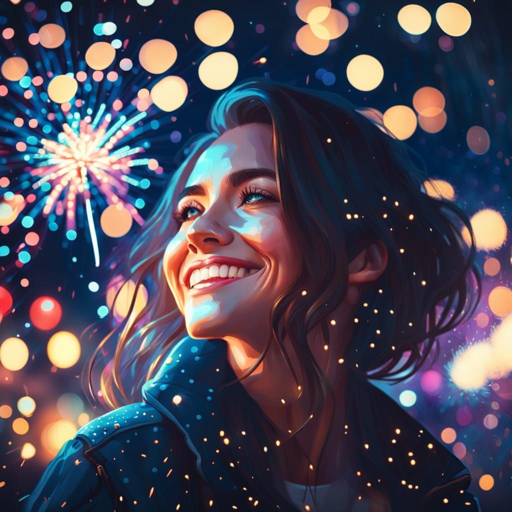 Woman Watching New Year's Fireworks in Photorealistic Style