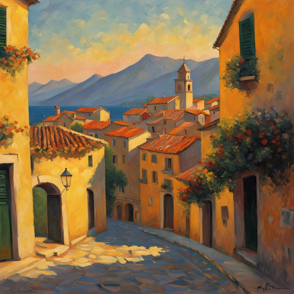 San Marino Medieval Town in Vibrant Neo-Impressionist Style