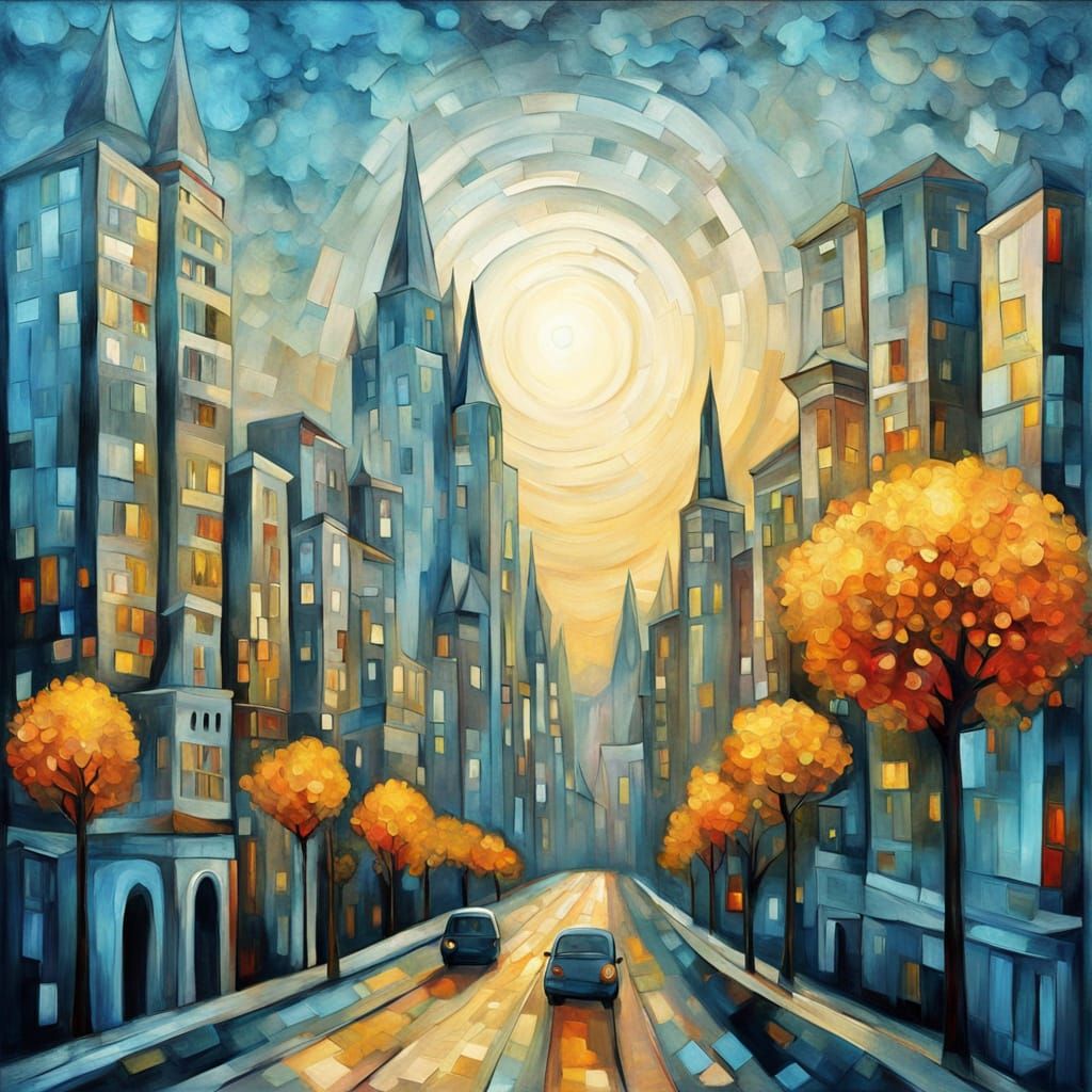 Surreal Cityscape in Whimsical Cubist Style