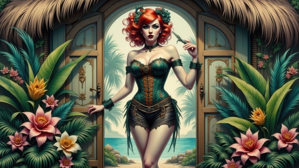 Steampunk Woman on Tropical Island