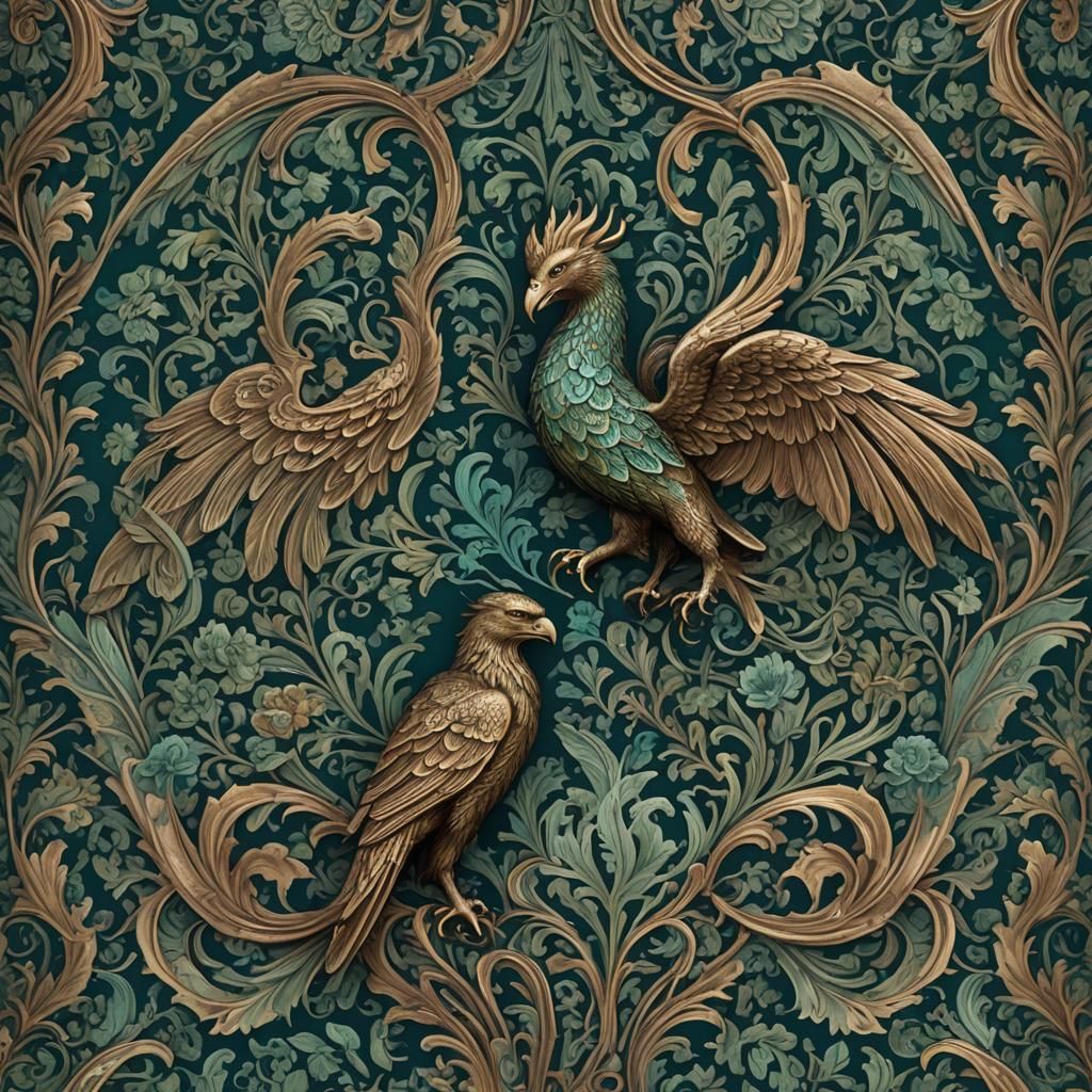 Mythical Griffin in Bronze Paisley Art Nouveau Style