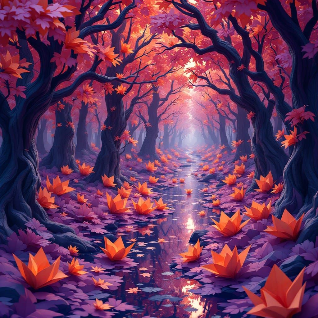 Mysterious Origami Forest in Vibrant Orange and Purple