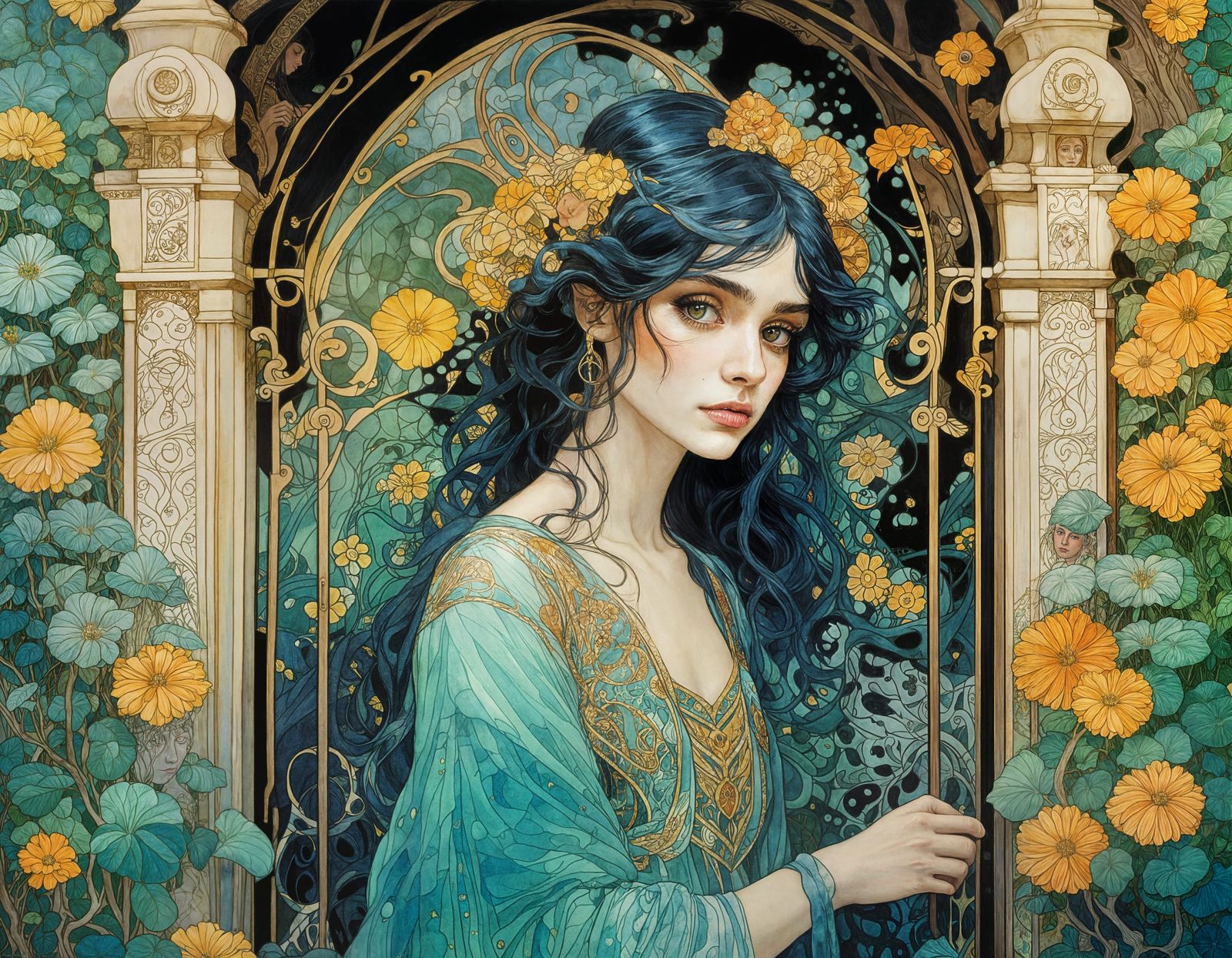 Art Nouveau Portrait of Romani Woman in Watercolor