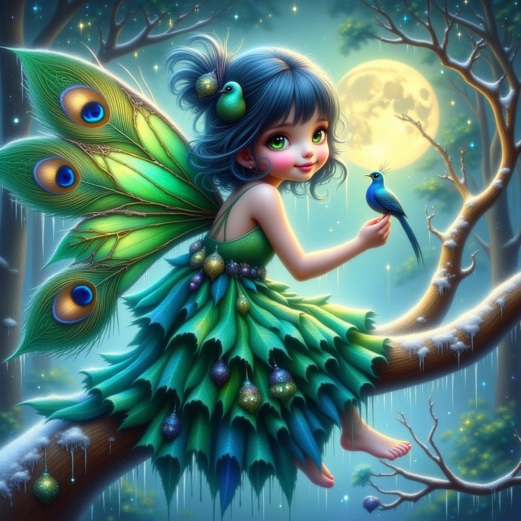 <lora:FiosFantasyGlow:1.0> beautiful fairy with wings made of peacock feathers