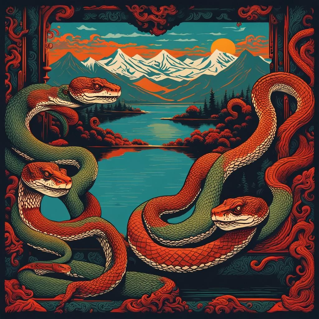 Snakes Painting Themselves: Oriental Linocut Lithograph