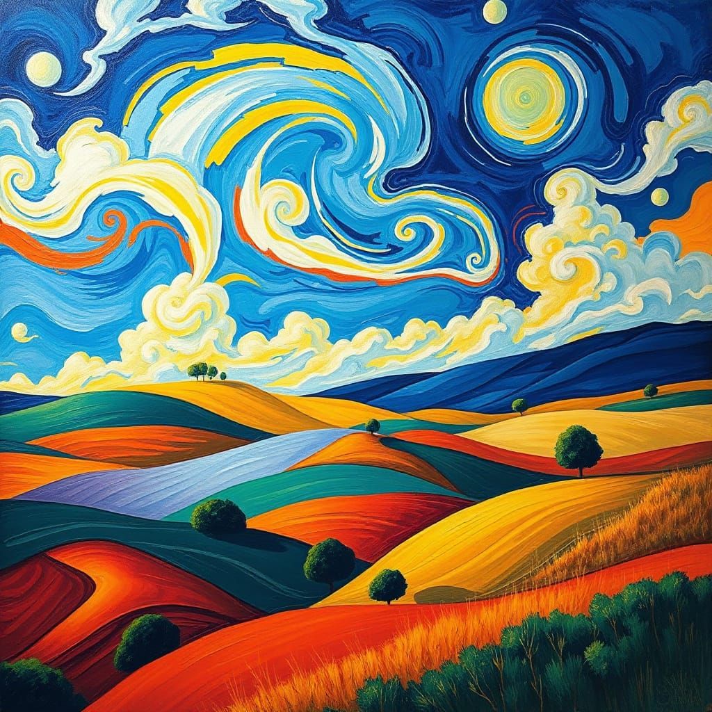 Vibrant Dreamlike Landscape with Swirling Clouds and Trees