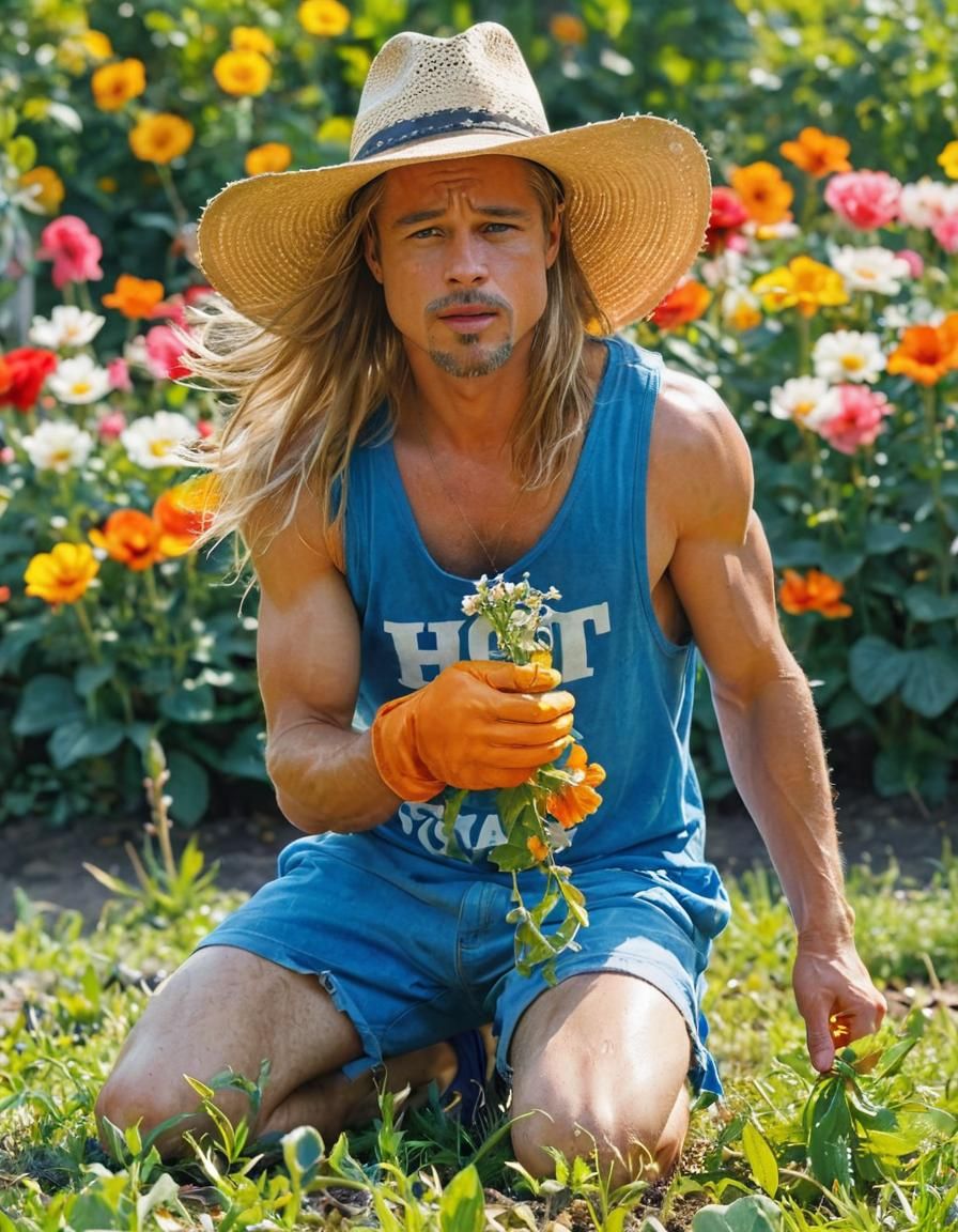 Full body shot of Brad Pitt, age 25, long flowing light blonde hair, cigarette in his mouth, wearing a bright blue tank ...