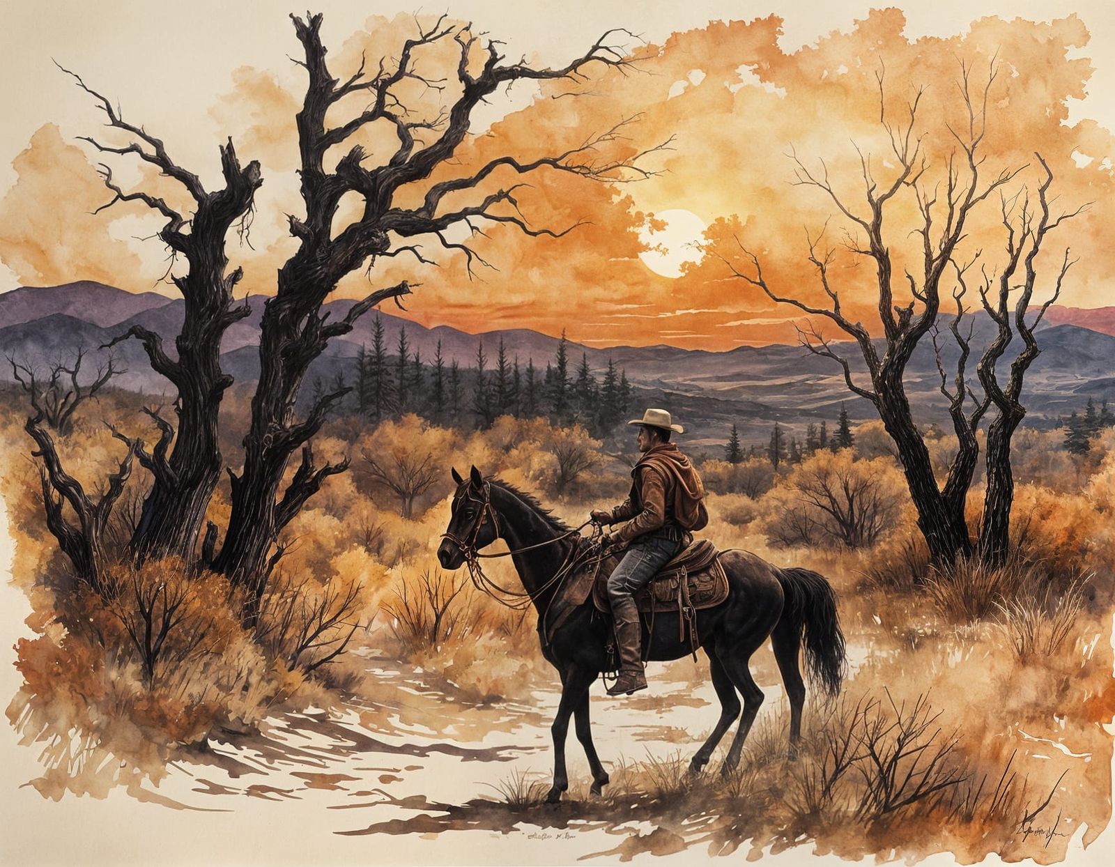 Cowboy Rides Alone Under Crimson Sunset