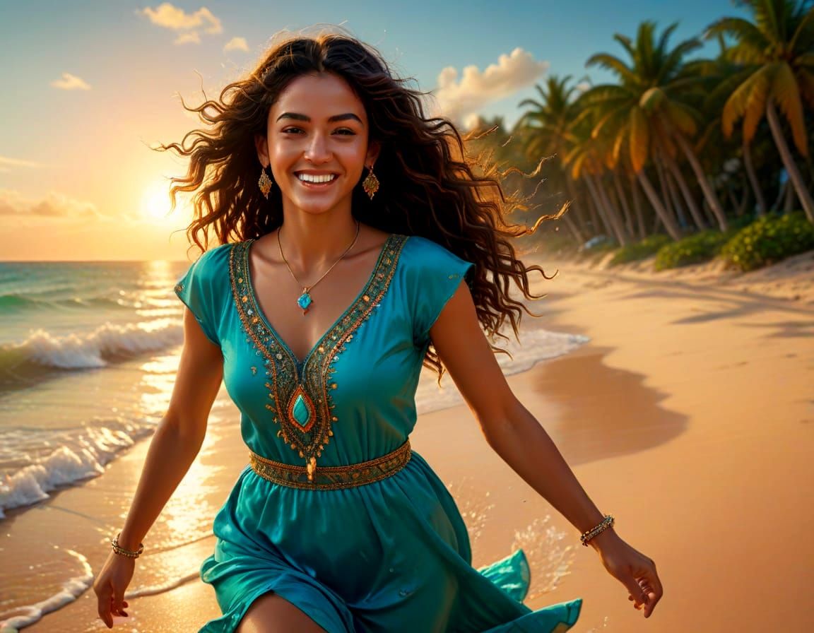 Moroccan Teenager on Tropical Beach at Sunset